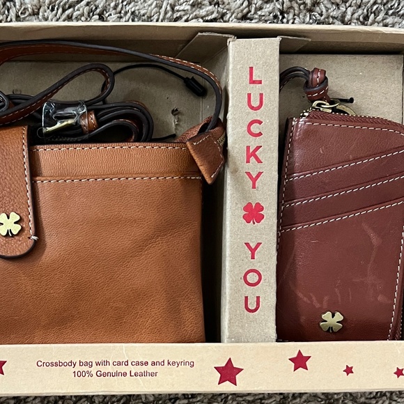 Lucky Brand Crossbody Gift Set: Leather Bag, Card Case, Keyring ~ Light Brown - Picture 3 of 5